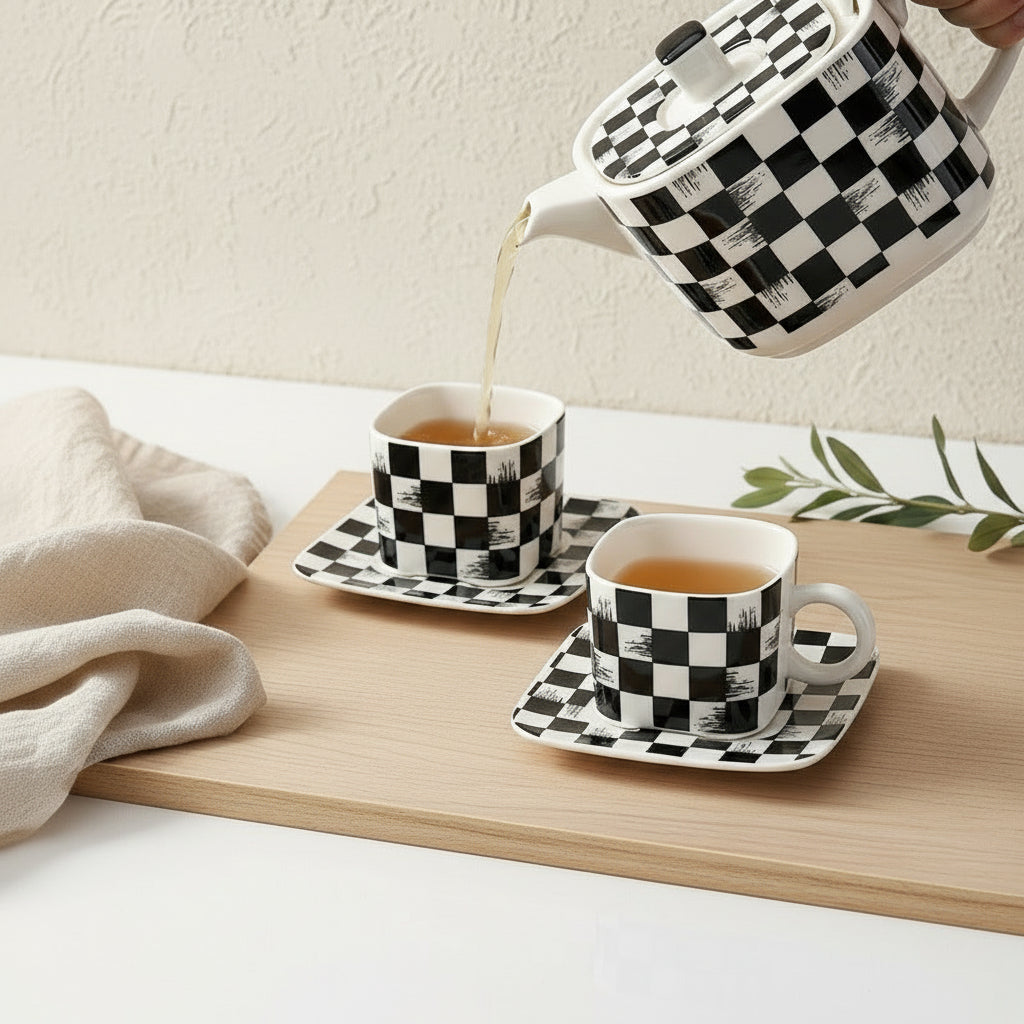 The Checkmate™ Geometric Ceramic & Bamboo Tea Set