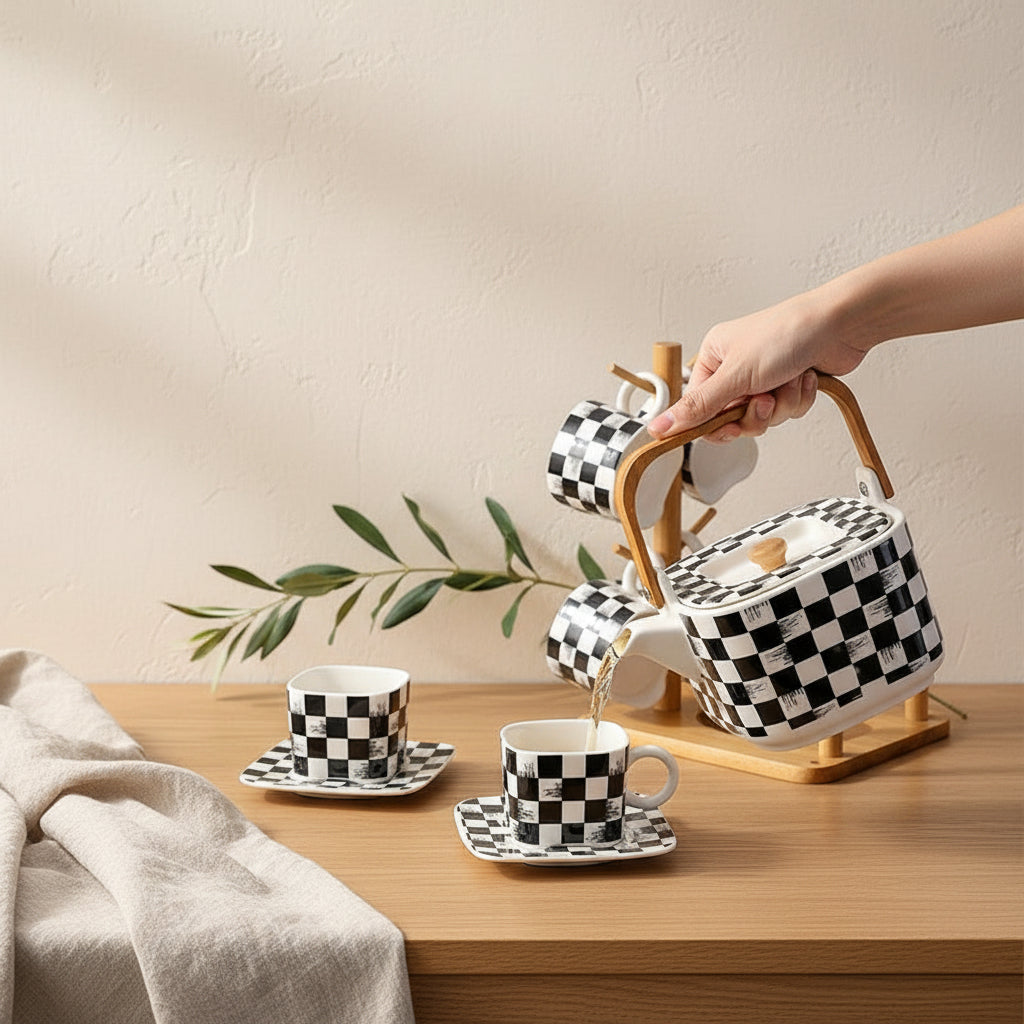 The Checkmate™ Geometric Ceramic & Bamboo Tea Set