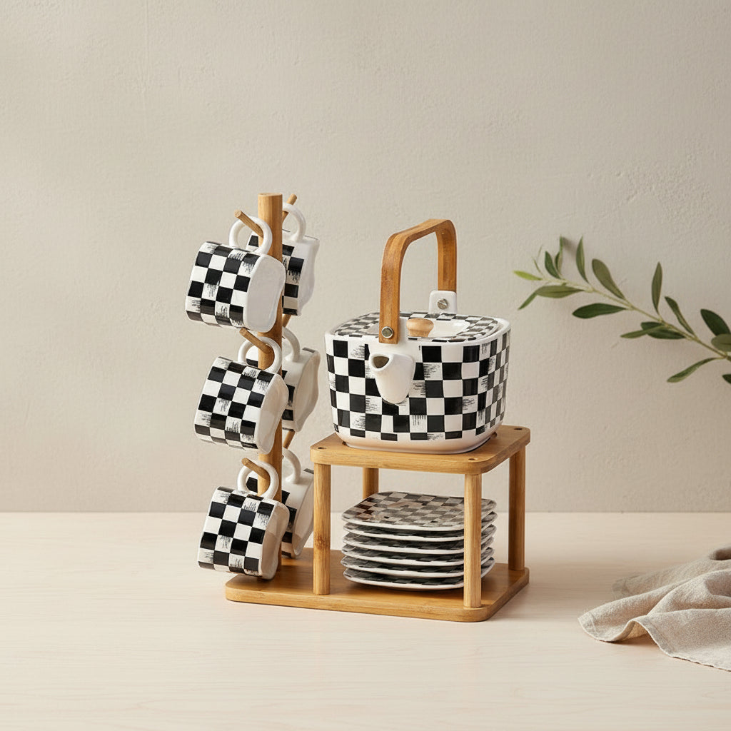 The Checkmate™ Geometric Ceramic & Bamboo Tea Set